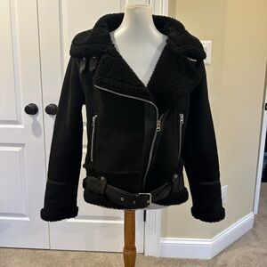 Zara Black Faux Suede Sherpa Lined Oversized Buckle Aviator Bomber Jacket Coat L